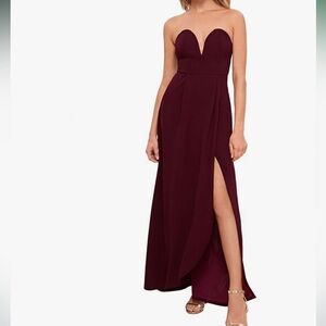 Women's Strapless Deep V Split Long Dress Maroon S